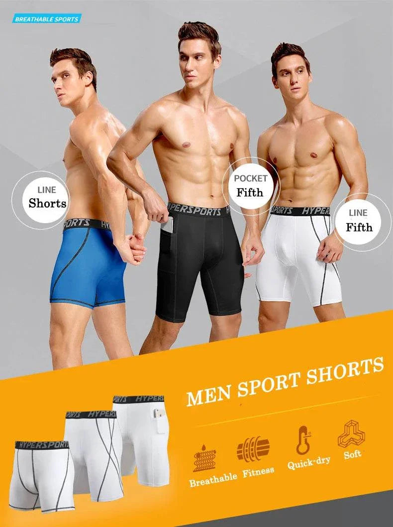 Men’s compression shorts in blue, black, and white with breathable, quick-dry fabric for sports and gym workouts