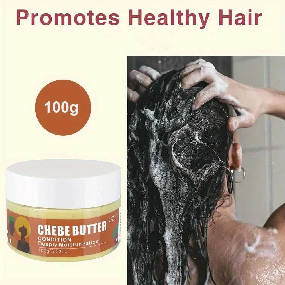 Chebe Butter Condition 100g jar for deeply moisturizing and strengthening natural hair, shown with person applying conditioner to wet hair.
