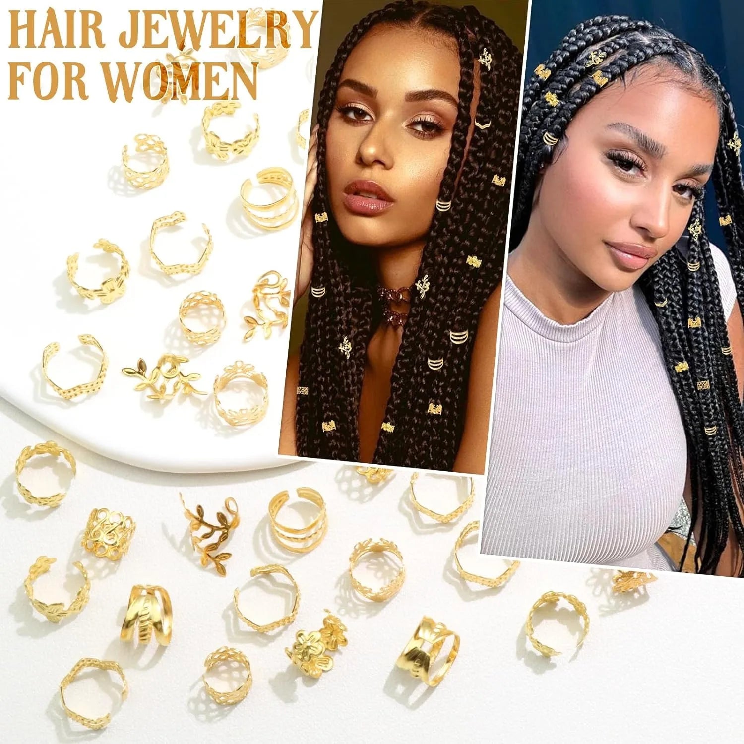 60PCS gold hair jewelry for braids and locs with various stylish clips and cuffs for women