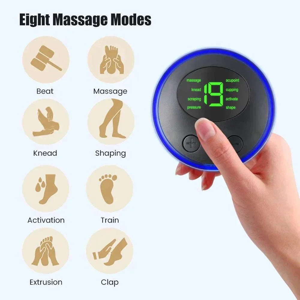 Hand holding a remote control for Mini Neck Massager showing eight massage modes and settings on a digital display.