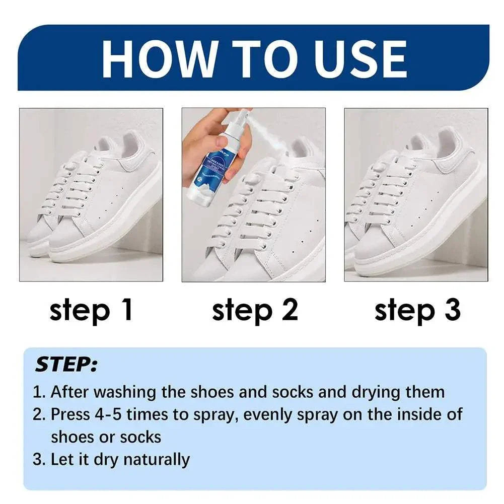 How to use antibacterial shoe and foot odor spray on white sneakers in three steps: clean shoes and socks, spray inside shoes, then let dry naturally.
