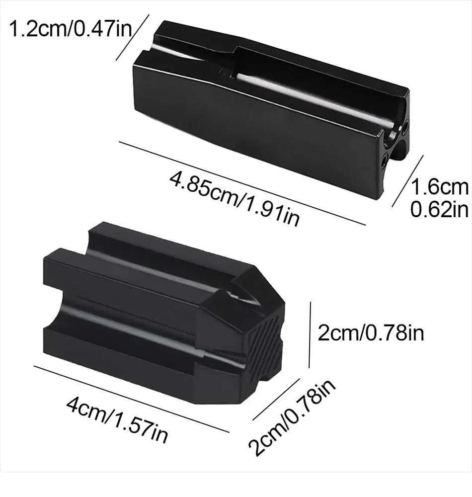 Black compact eyebrow pencil sharpener and trimmer set with precise measurements for grooming and shaping brows