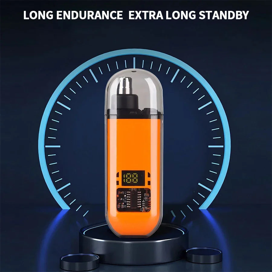 Orange 2-in-1 electric ear and nose hair trimmer with digital display and long endurance stand-by feature