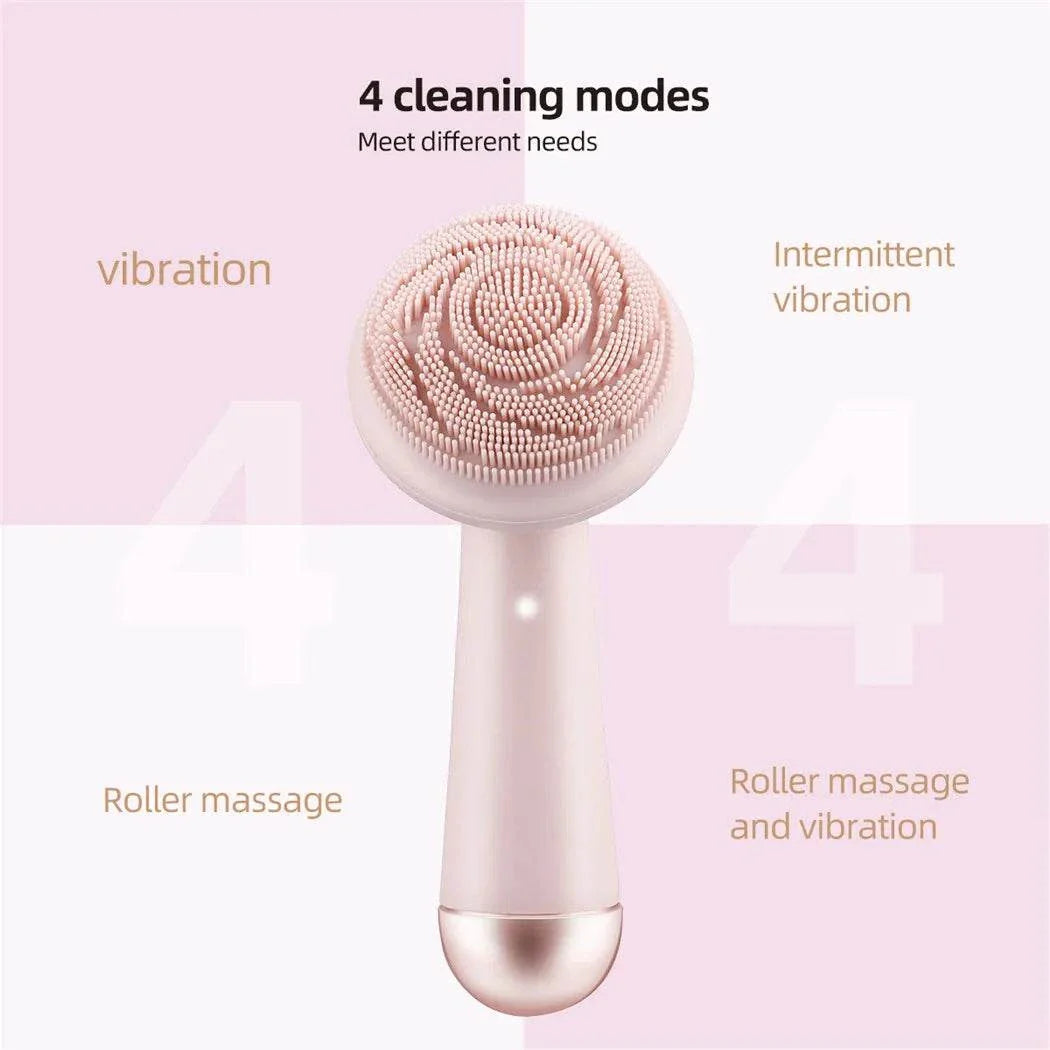 Electric silicone facial brush with soft bristles, 4 vibration cleaning modes, and rechargeable waterproof design for deep pore cleansing and massage.