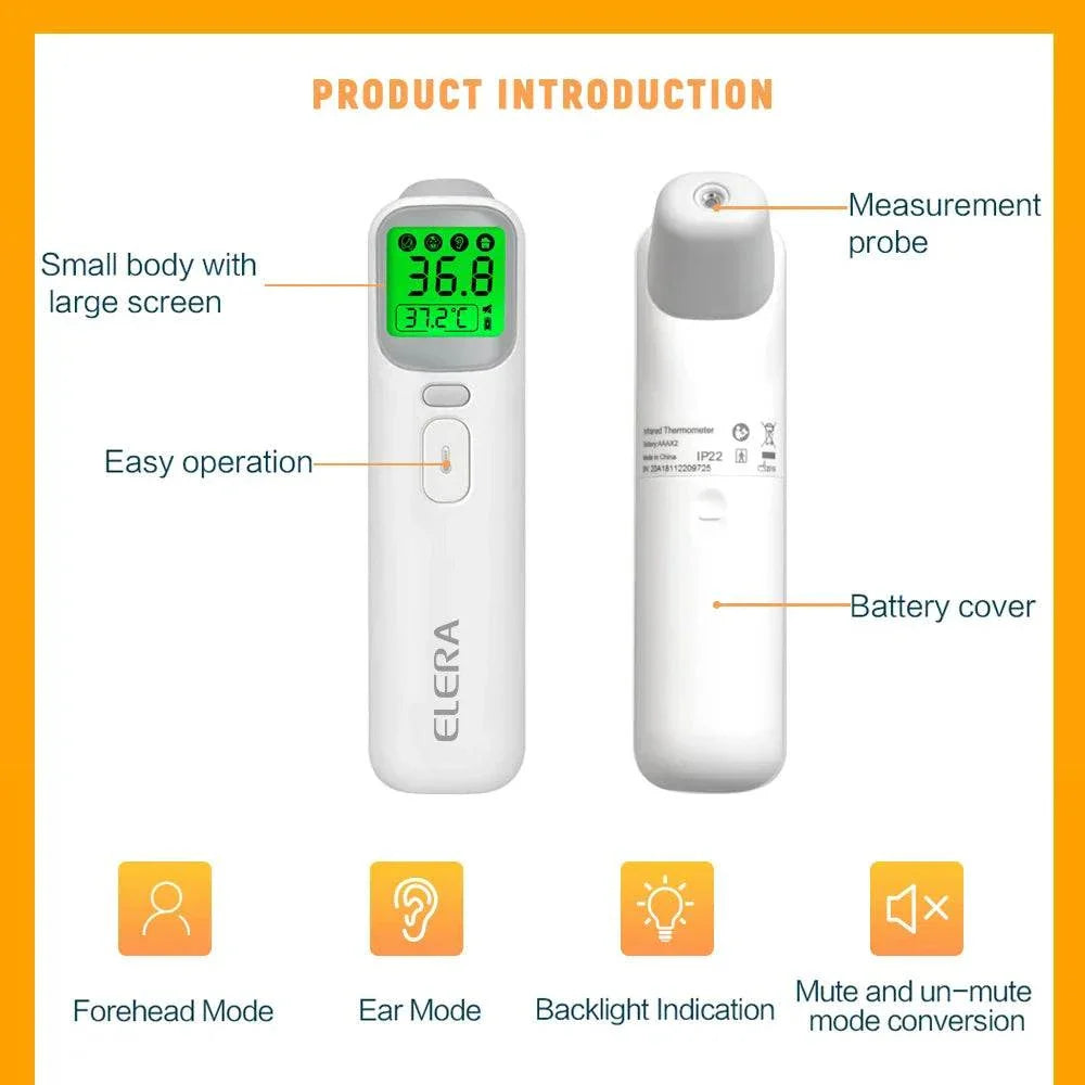 ELERA Infrared Digital Thermometer with touch-free forehead and ear modes, backlit LCD display, easy one-button operation, and measurement probe.