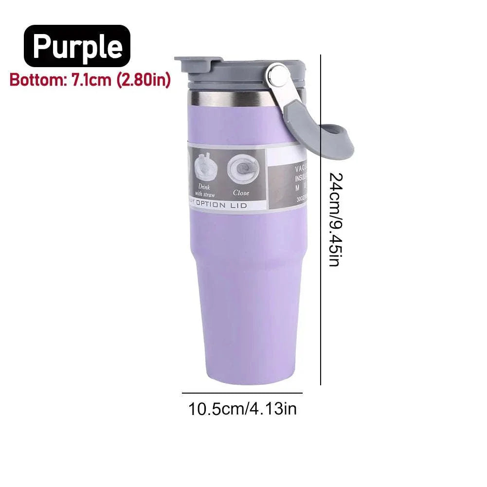 Purple 30oz vacuum insulated cup with handle, stainless steel double-layer sports water bottle measuring 24cm tall and 10.5cm wide.