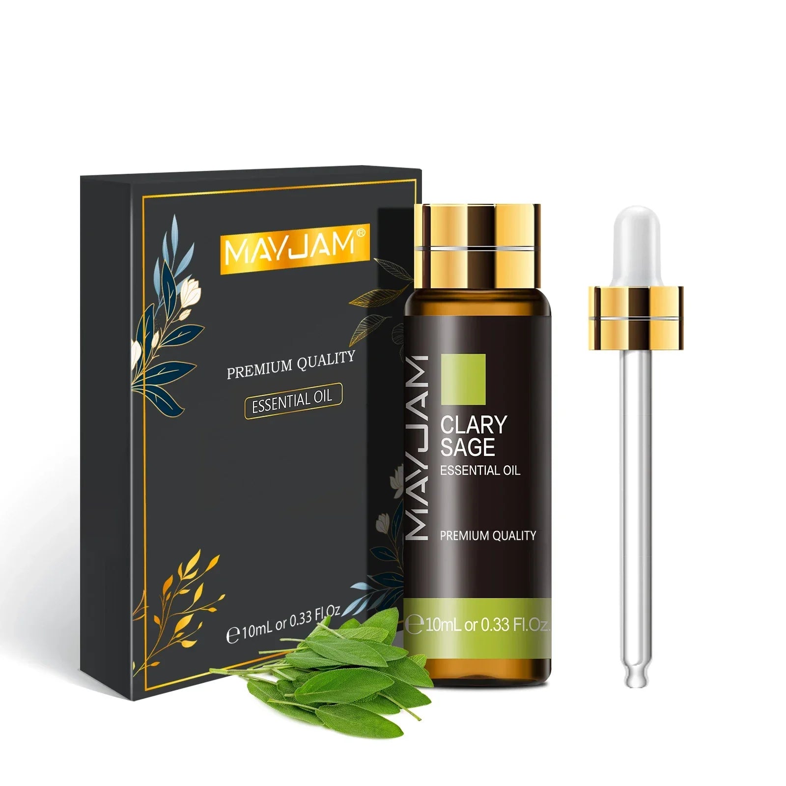 MAYJAM Essential Oil Clary Sage 10ml bottle with dropper and black packaging featuring botanical design