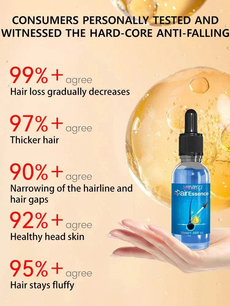 Hair Growth Treatment bottle with dropper and customer satisfaction statistics for reducing hair loss, promoting thicker hair, and improving scalp health