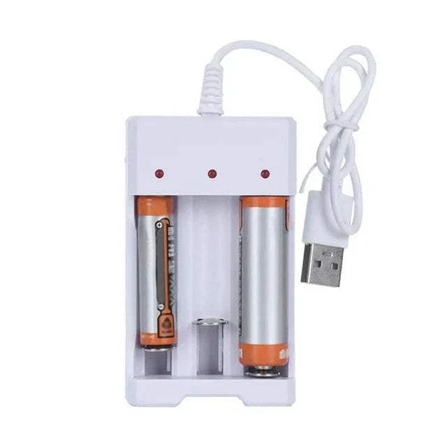 High-speed USB rechargeable battery charger with 3/4 slots, compatible with AA and AAA batteries, featuring LED indicators and USB power cable.