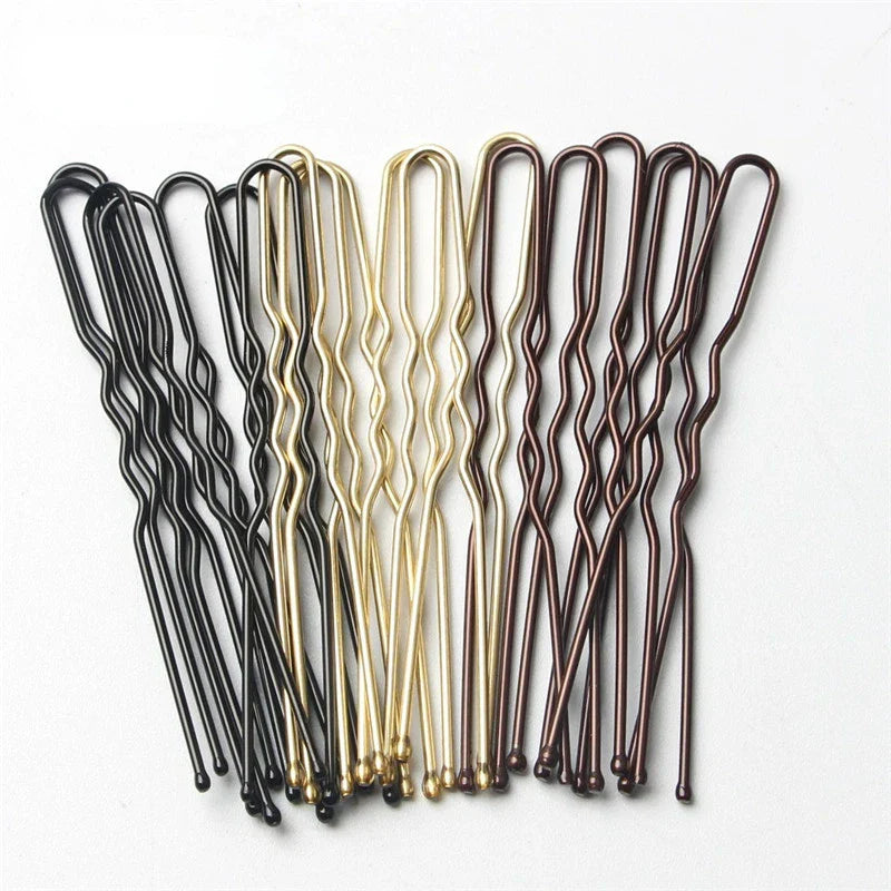 50Pcs U-shaped metal hair pins in black, gold, and brown with waved grip for secure hold and elegant styling