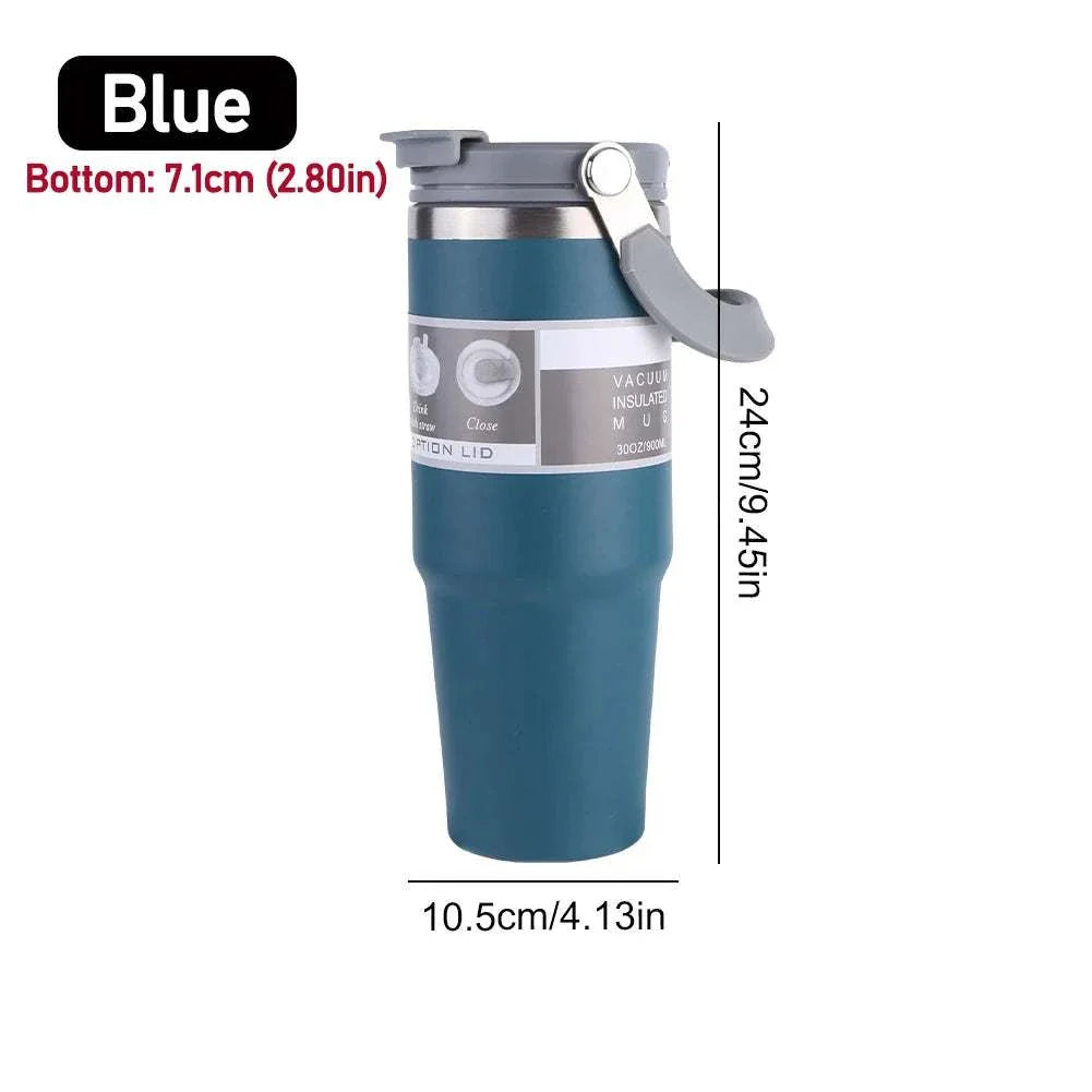 Blue 30oz vacuum insulated cup with handle, stainless steel double-layer sports water bottle, leak-resistant lid, and durable construction