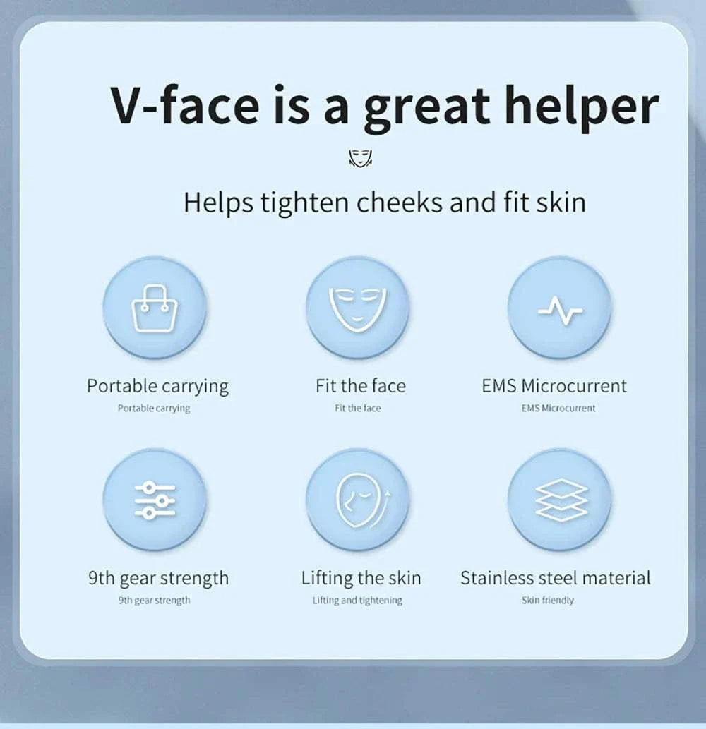 EMS Face Lifting Massager with portable design, EMS microcurrent technology, 9 strength levels, and stainless steel for skin tightening and V-face sculpting.