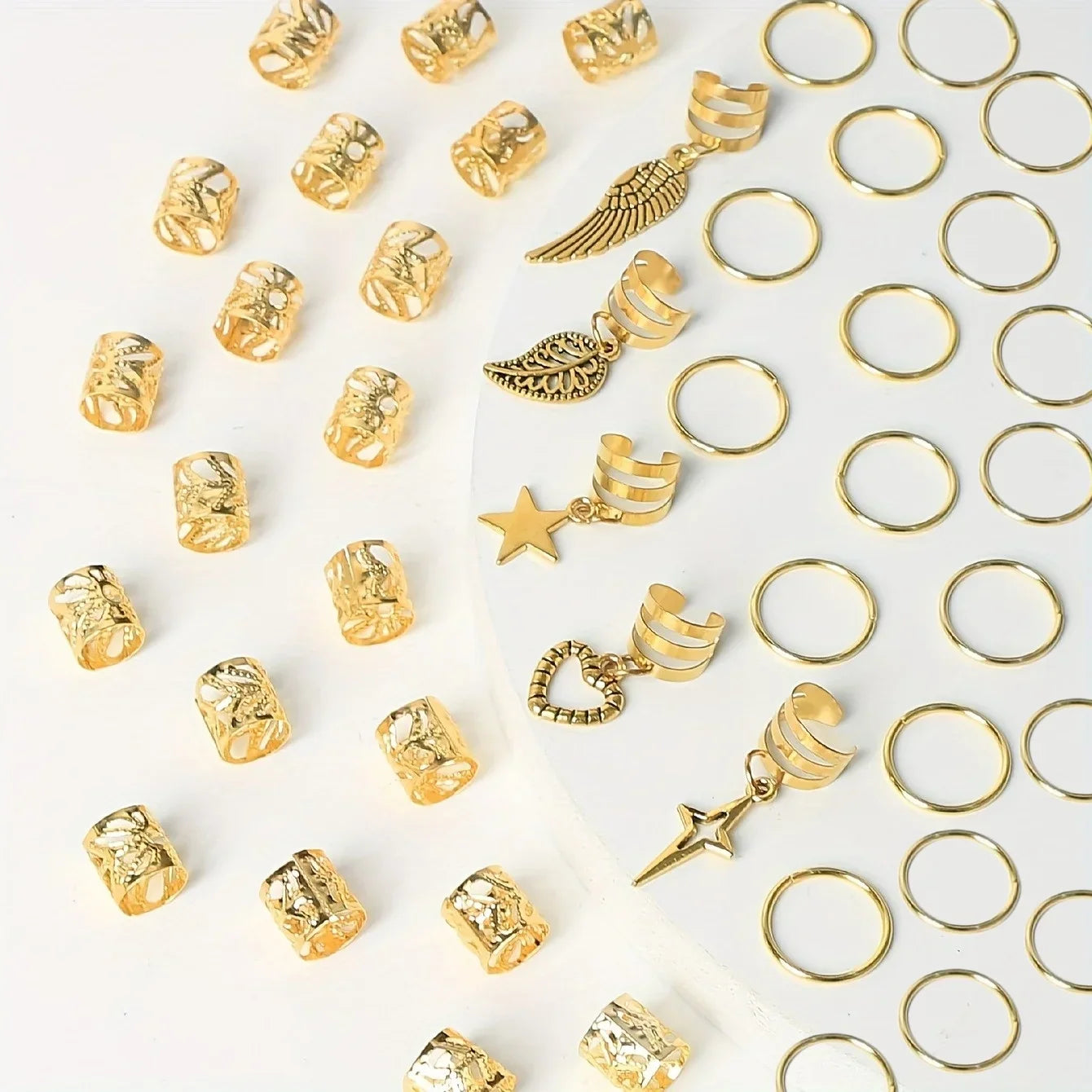 45pcs alloy braid hair ring set with boho-style gold hair cuffs, rings, and charms for braids and locs