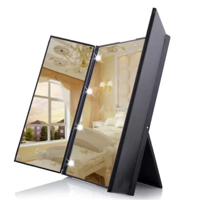 Portable three-sided LED makeup mirror with bright lights and adjustable angles for travel and home use