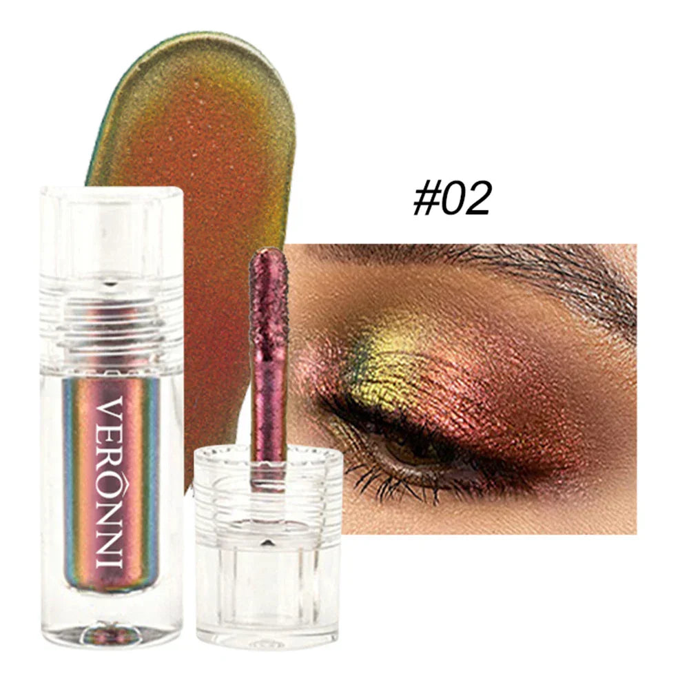 Chrome shifting chameleon liquid eyeshadow #02 with multichrome iridescent finish on eyelid and applicator wand.