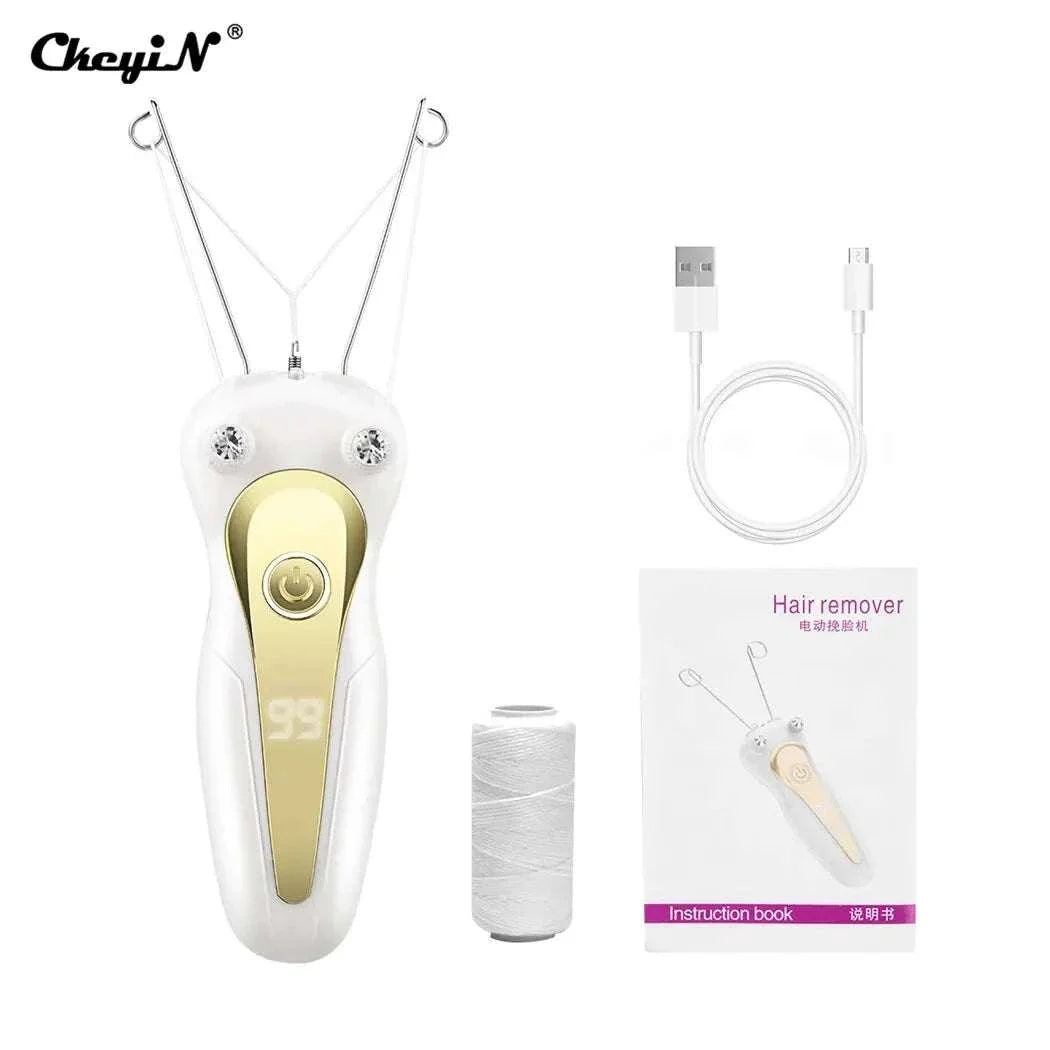 Electric body hair remover with rechargeable cordless design, cotton thread epilation technology, USB charging cable, spool of thread, and instruction manual.