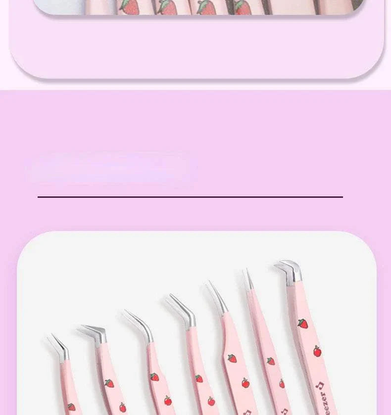 Set of six pink false eyelash tweezers with various tips for precise lash application.