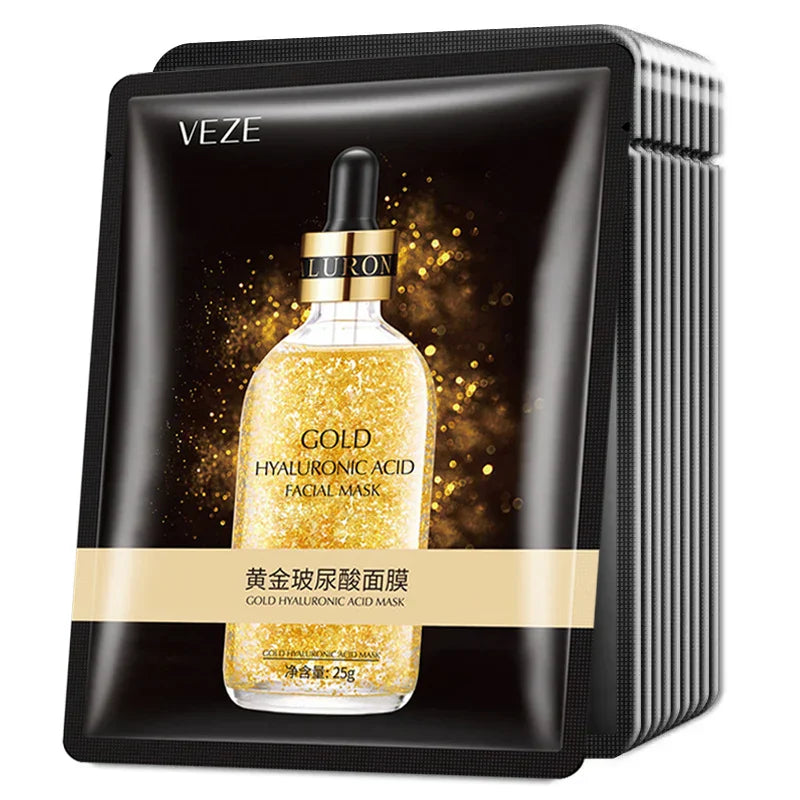 20pcs Hyaluronic Acid Collagen Face Mask set with luxurious gold-infused packaging for deep hydration and skin rejuvenation