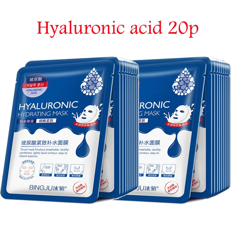 Stack of 20 Hyaluronic Acid Collagen Face Mask packets for deep hydration and skin rejuvenation