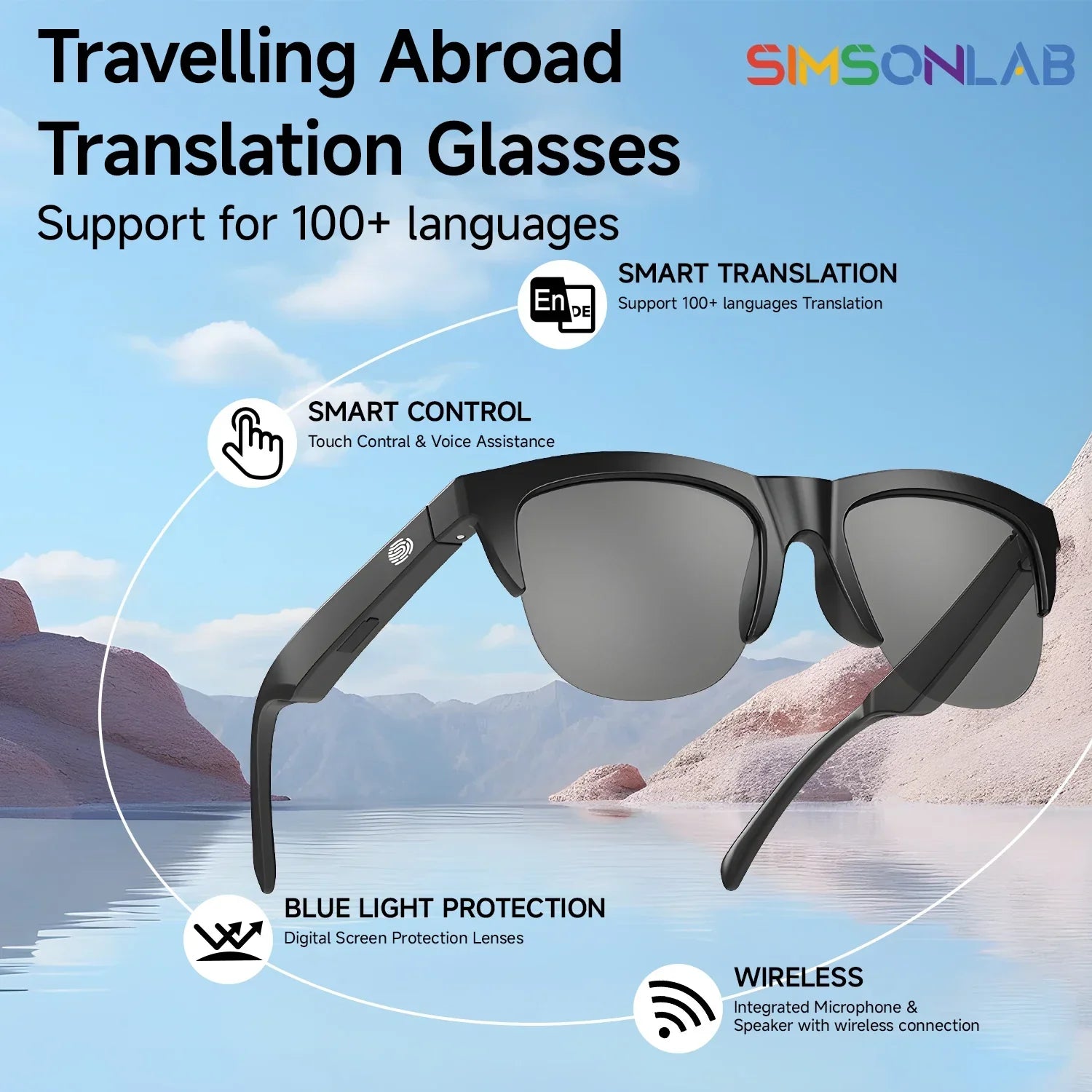 AI Translation Smart Glasses with Bluetooth, UV protection, real-time language translation, touch control, and wireless connectivity