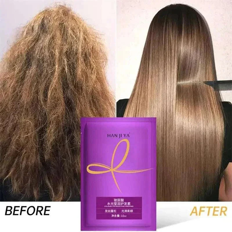 Before and after comparison of damaged frizzy hair transformed into smooth, shiny hair using Keratin Hair Mask product in purple packaging