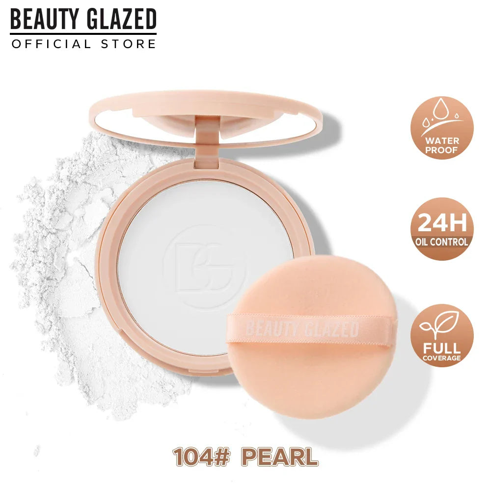 BEAUTY GLAZED Oil Control Matte Face Powder in shade 104 Pearl with built-in mirror, puff applicator, waterproof and 24-hour oil control features