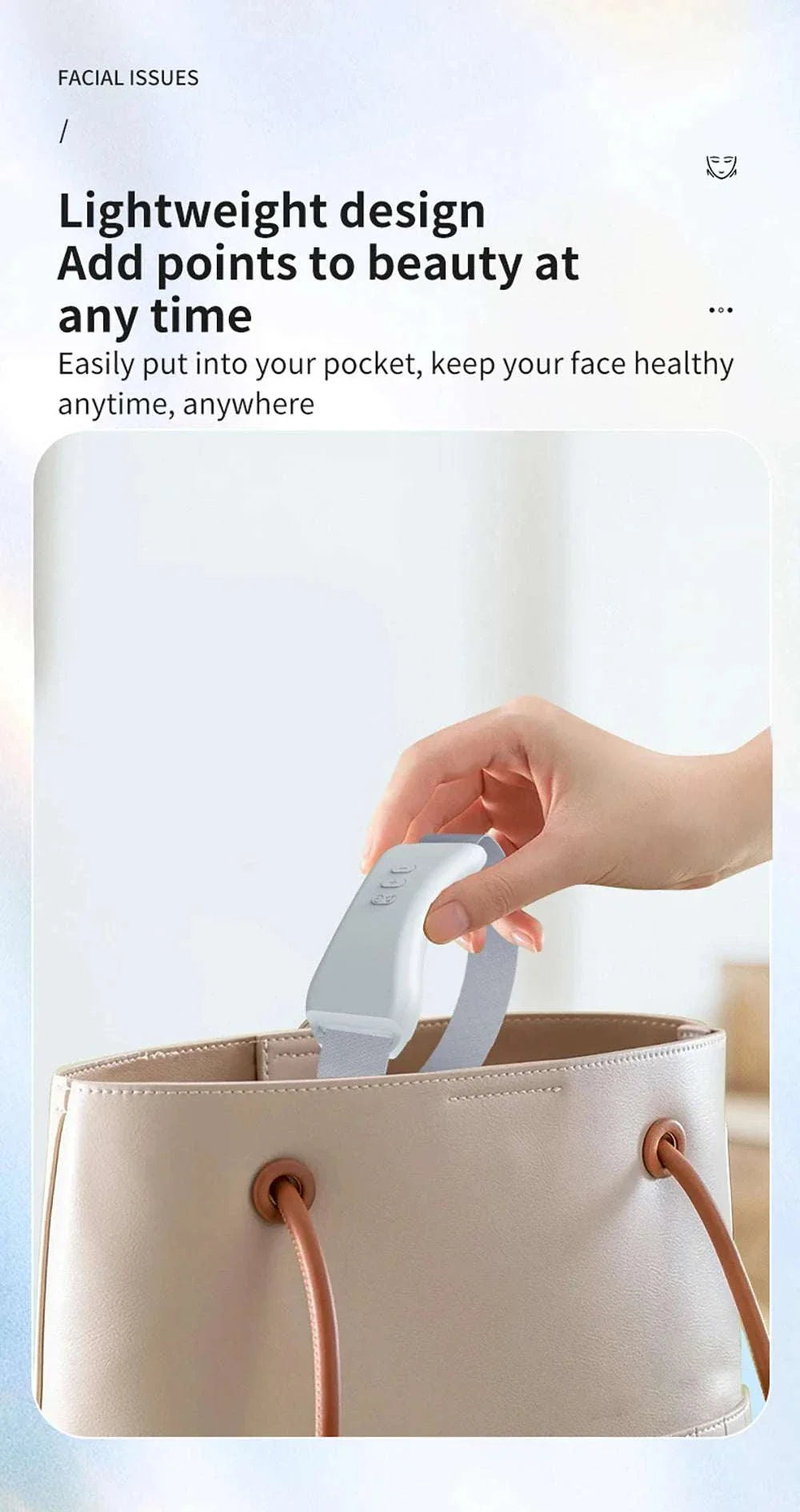 Portable EMS face lifting massager being placed into a beige handbag, compact design for on-the-go skin firming and anti-wrinkle treatment.