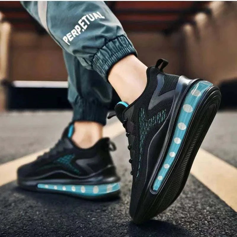 Black breathable unisex sneaker with vulcanized rubber sole and visible air cushioning, designed for comfort and traction during walking and running.
