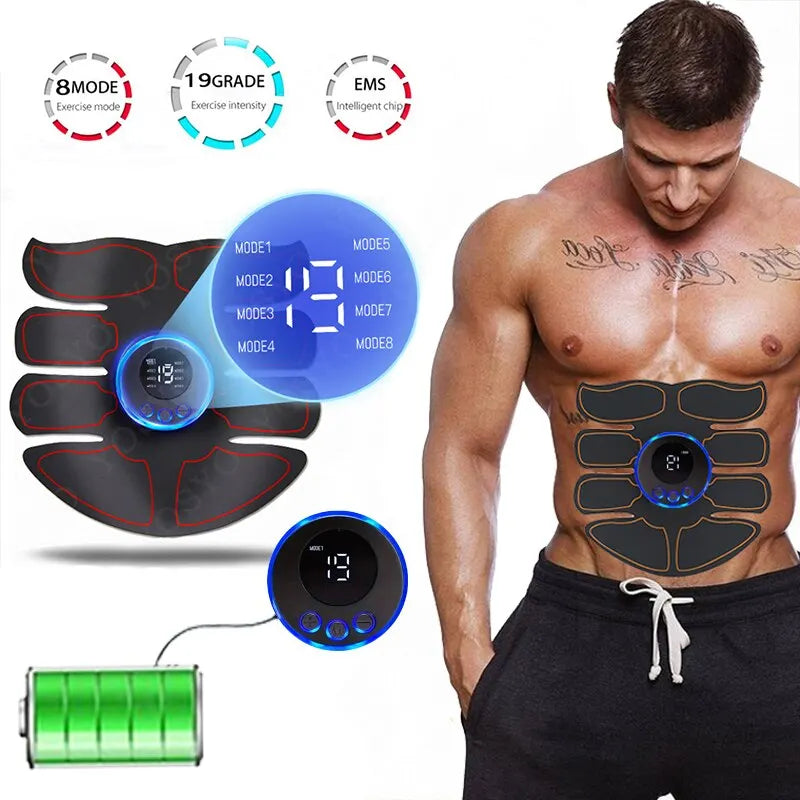 Man using abdominal muscle massage EMS device with digital display and USB charging icon