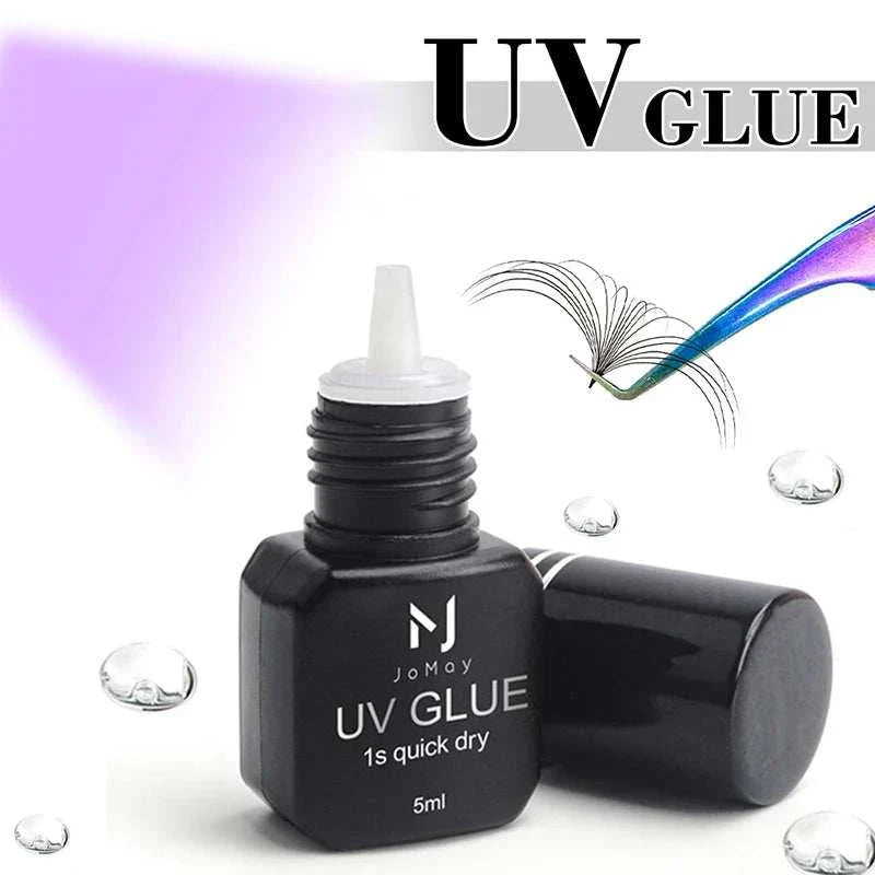 JOMAY UV Glue Adhesive bottle with eyelash extension and UV light curing illustration for fast drying and strong hold