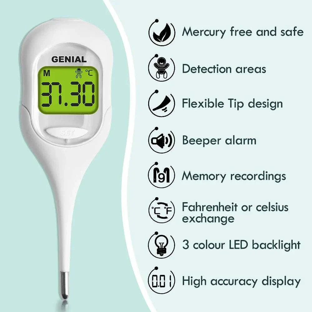 8-Second Digital Oral Thermometer with flexible tip, mercury-free, beeper alarm, memory function, LED backlight, and high accuracy display