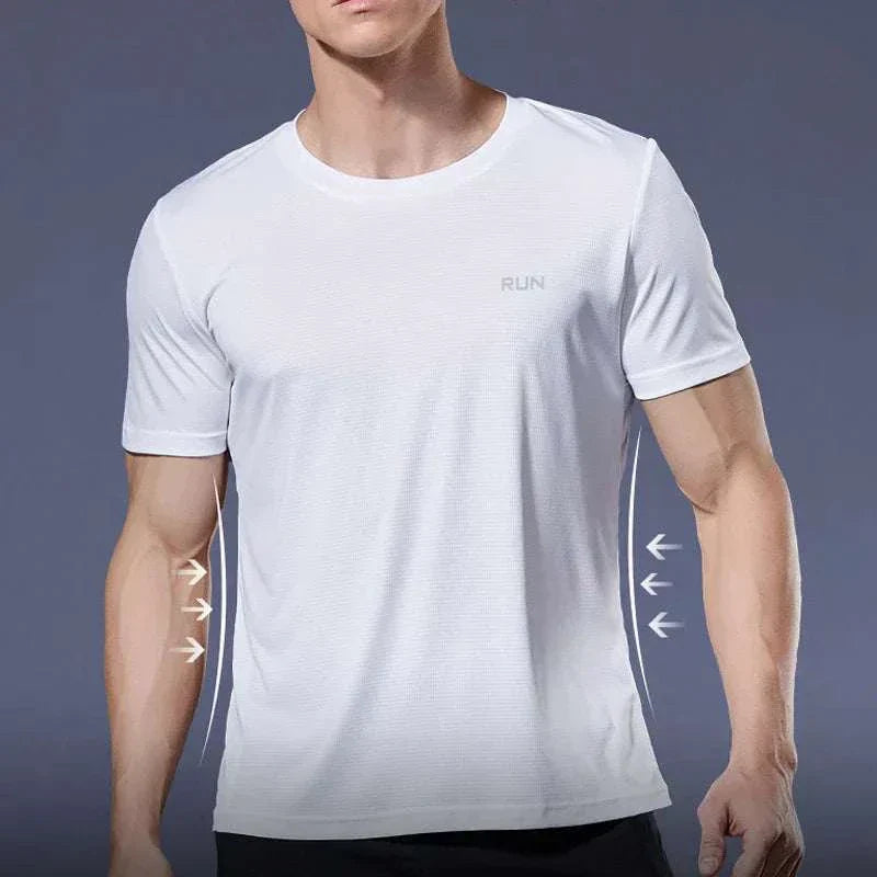 Men’s quick-dry compression sport t-shirt in white, lightweight and breathable with a snug fit for fitness and training.