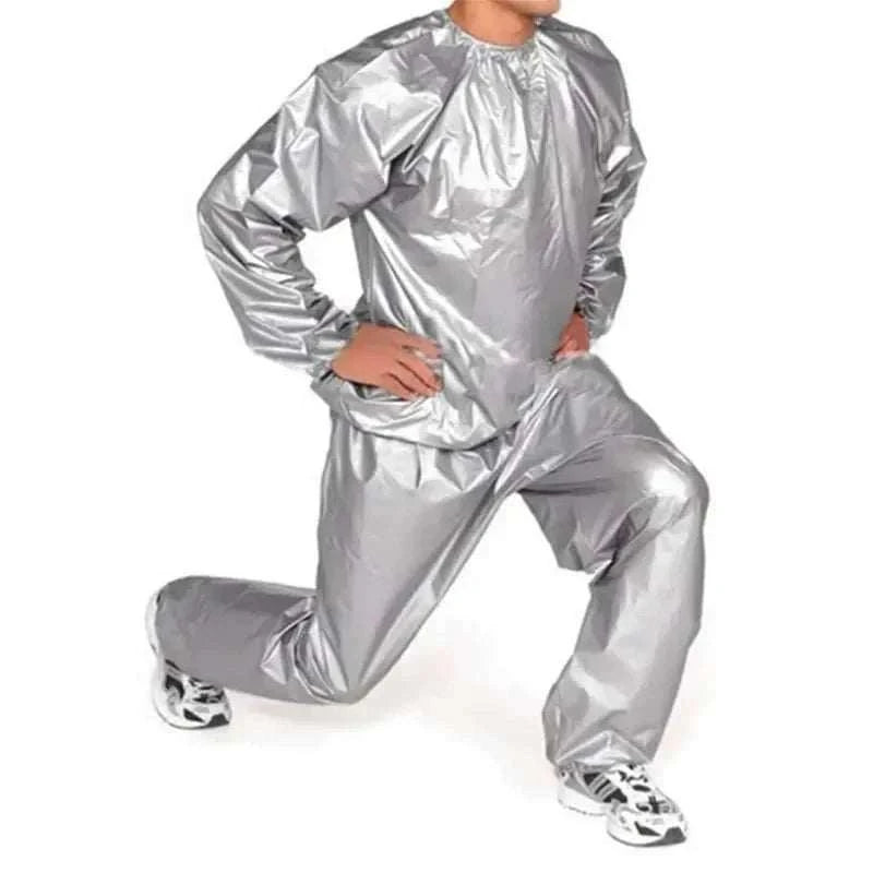 Silver PVC sauna suit for men and women designed to increase sweating and calorie burn during workouts