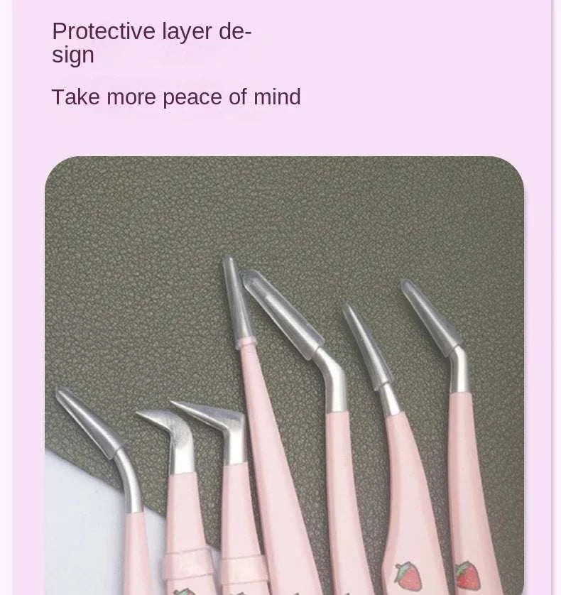 Set of 6 professional stainless steel false eyelash tweezers with pink ergonomic handles for precise lash application and removal