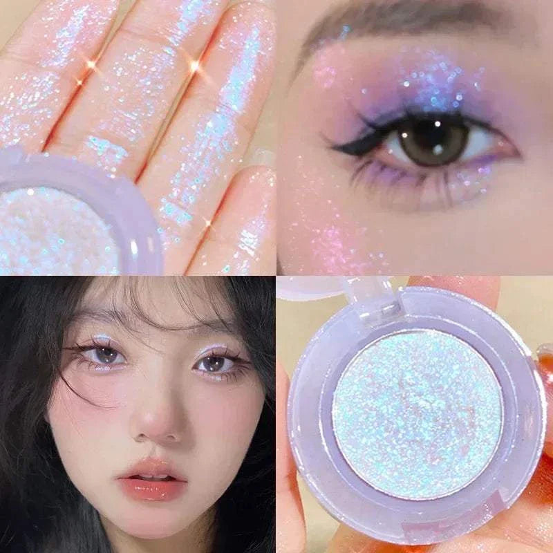 Diamond Glitter Monochrome Eyeshadow Palette showing shimmering blue glitter eyeshadow on hand, applied sparkling eye makeup, and close-up of glitter eyeshadow compact.