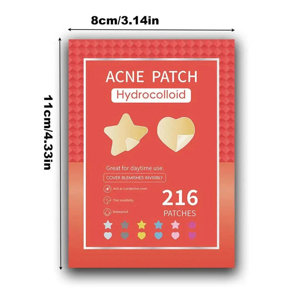 Colorful star-shaped hydrocolloid acne patches packaging with 216 patches, waterproof and invisible blemish cover.