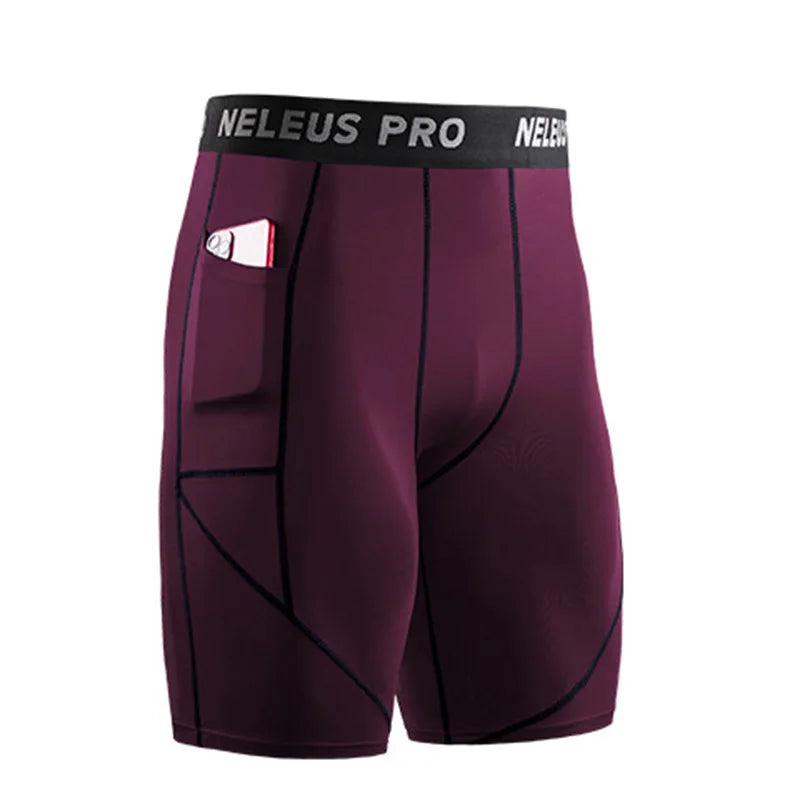 Men's outdoor running shorts with breathable fabric, 4-way stretch, secure waistband, compression leggings, and practical side pockets in dark purple color
