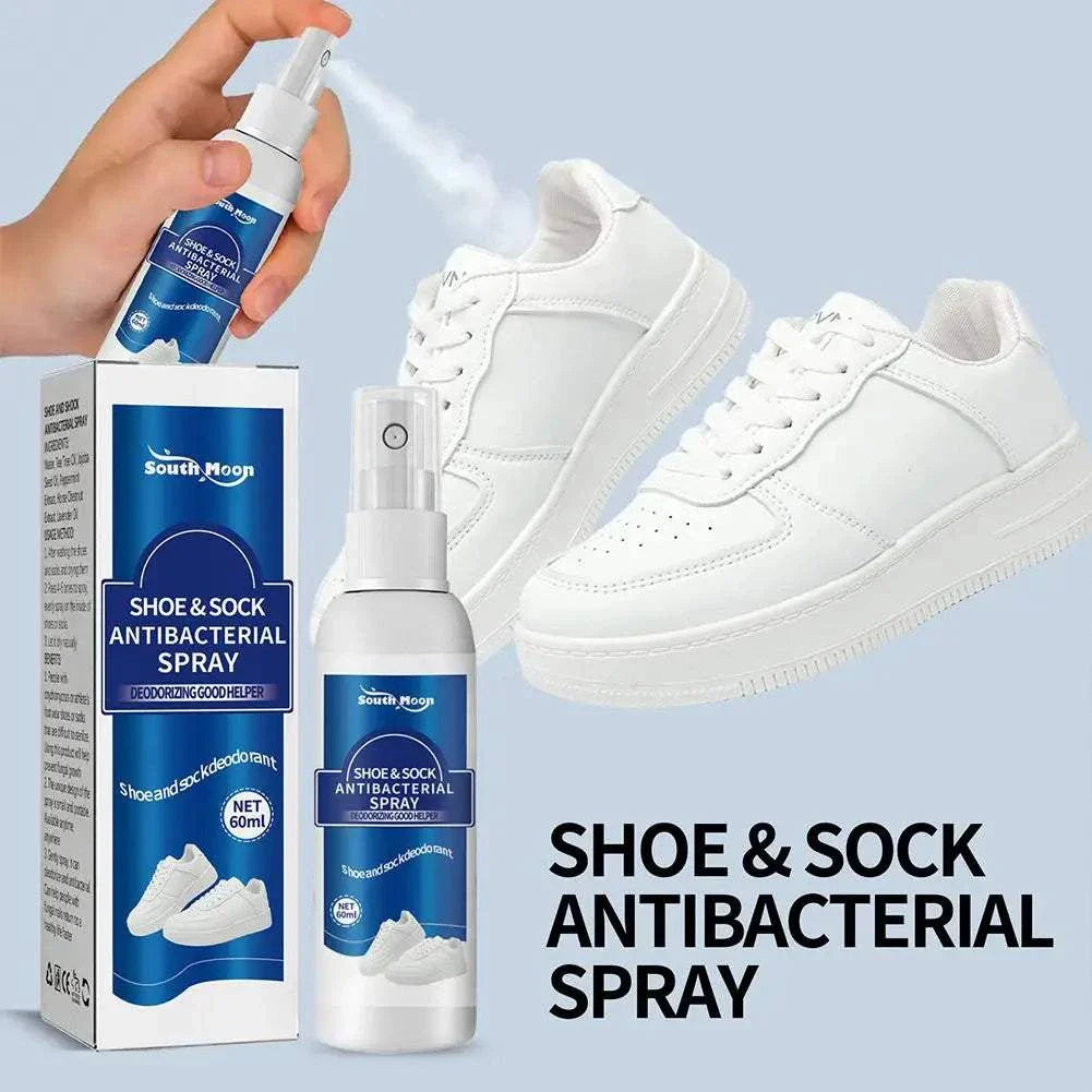 60ml antibacterial shoe and foot odor spray with spray bottle and packaging, freshening white sneakers against light blue background