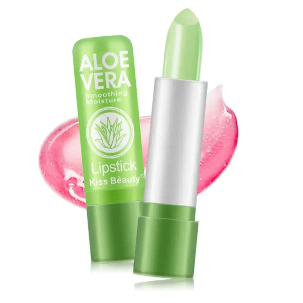 Aloe Vera color-changing lipstick with moisturizing balm and soothing aloe, featuring temperature-activated pink shade and smooth, lightweight texture.