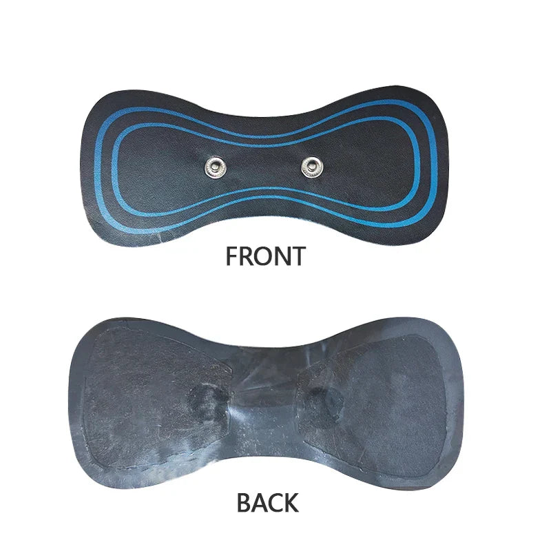 Replacement patch for neck massager showing front with blue lines and metal connectors and plain black adhesive back side.