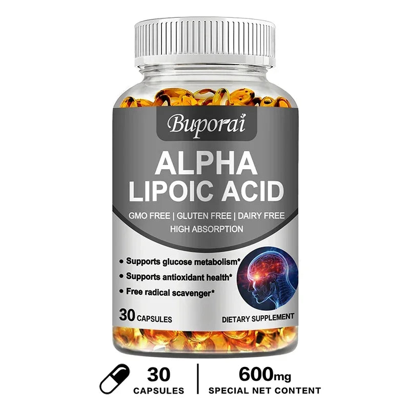 Bottle of Buporai Alpha Lipoic Acid 600mg capsules dietary supplement with antioxidant and glucose metabolism support