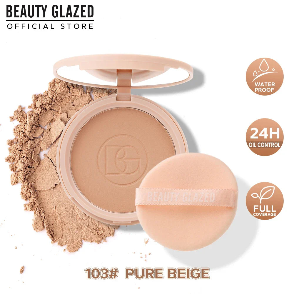 BEAUTY GLAZED Oil Control Matte Face Powder in 103 Pure Beige with built-in mirror and applicator puff, waterproof, 24-hour oil control, full coverage