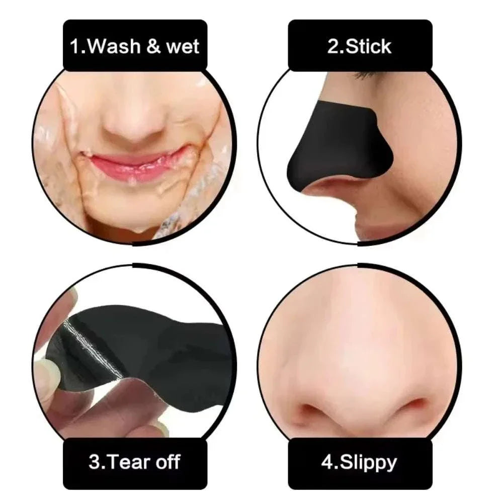 Step-by-step use of facial blackhead removal stickers showing washing, applying blackhead strip on nose, peeling off blackhead strip, and smooth nose result