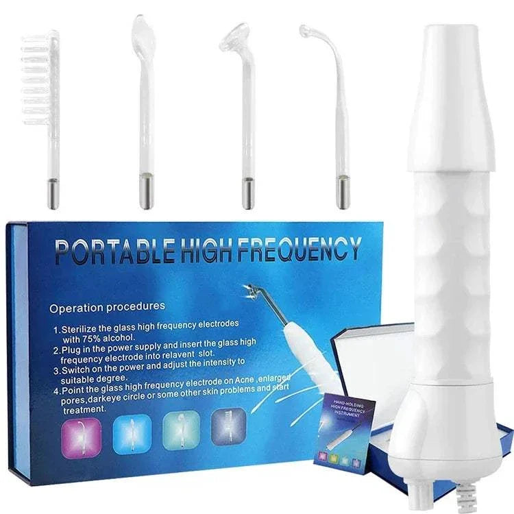 4-in-1 handheld electric facial therapy wand with four interchangeable electrodes for acne treatment, wrinkle reduction, skin rejuvenation, and scalp stimulation, featuring portable high-frequency technology.
