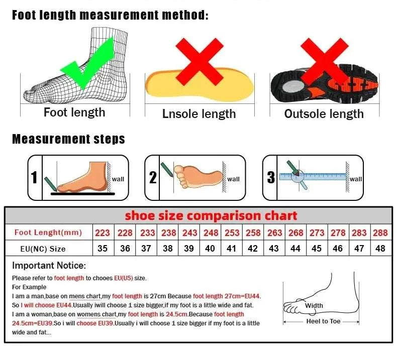 Diagram showing how to measure foot length for Breathable Unisex Sneaker sizing with shoe size comparison chart and measurement instructions.