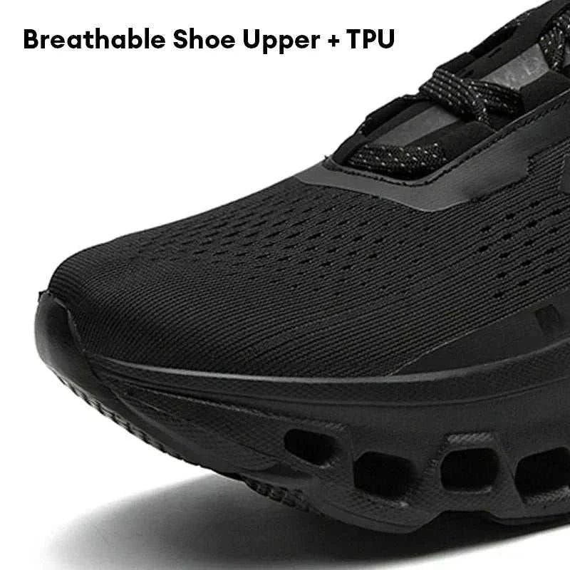 Close-up of black men's running shoe featuring breathable mesh upper and durable TPU sole for lightweight comfort and support