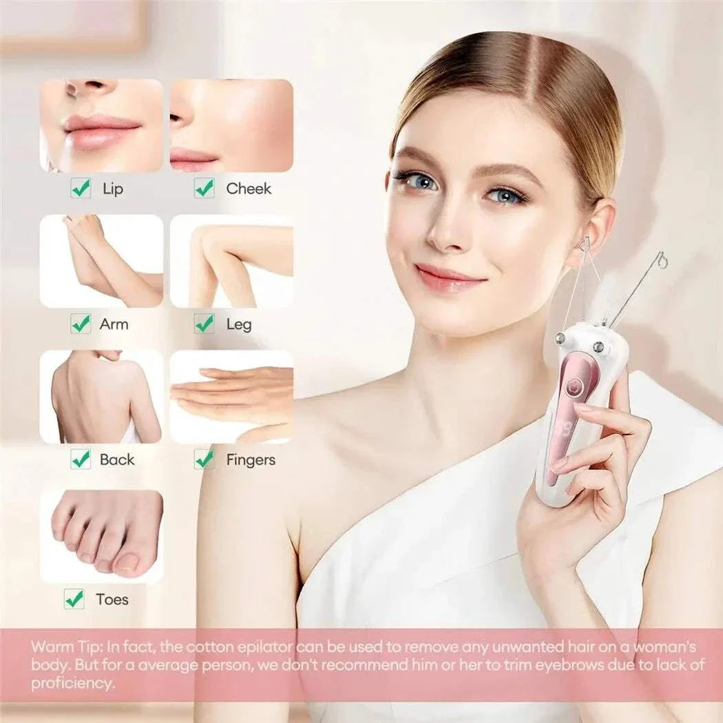 Woman holding cordless electric body hair remover showing its use on lip, cheek, arm, leg, back, fingers, and toes for delicate and full-body grooming.