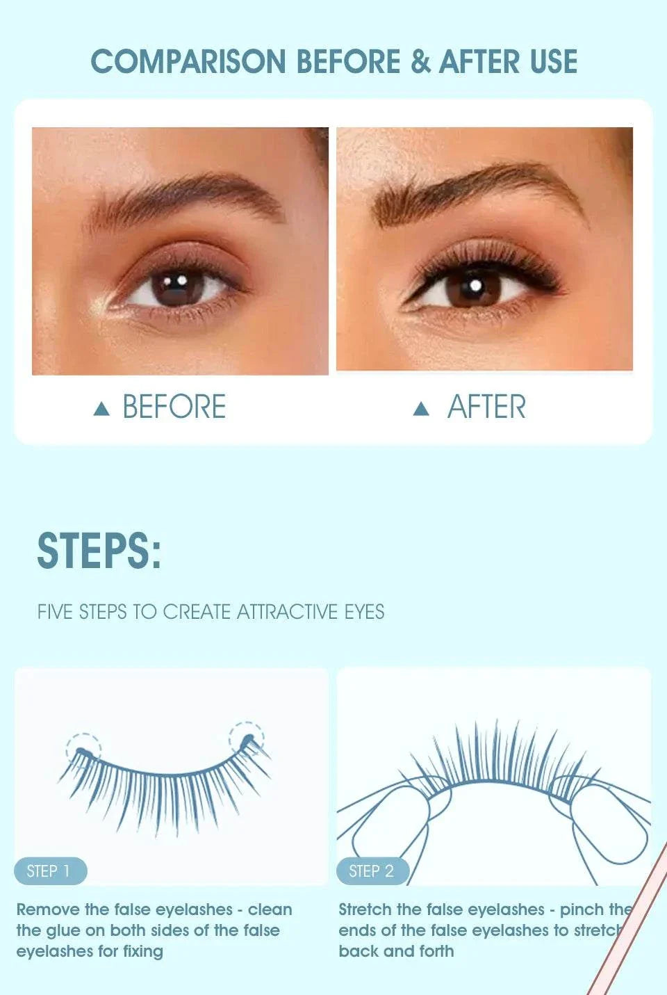 Before and after comparison of eyelash extension with IMAGIC 5ml False Eyelash Extension Glue showing natural and enhanced lashes