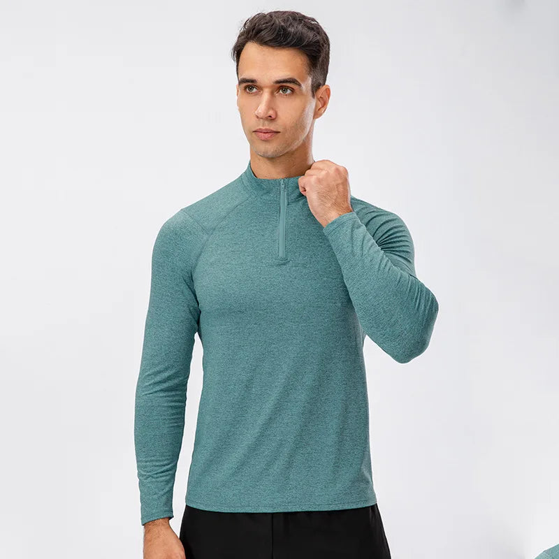 Men's Autumn Fitness long-sleeved quick-dry slim fit running top with half-zip collar and breathable fabric