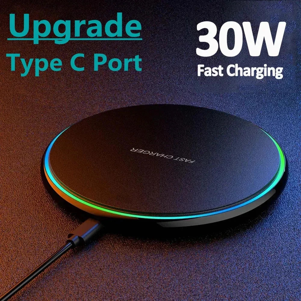 30W wireless charger pad with upgraded Type C port and fast charging LED ring